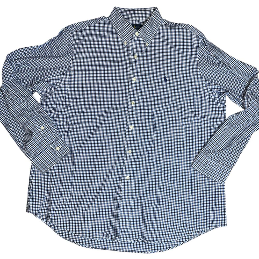 Ralph Lauren Polo Blue Check Mens  XL Blue White Plaid Button Down Oxford cotton